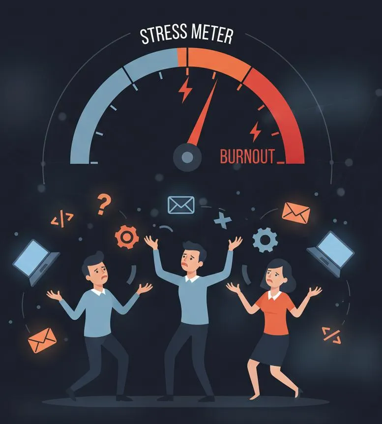 Stressed employee juggling multiple projects and tasks, symbolizing team burnout and being overburdened.